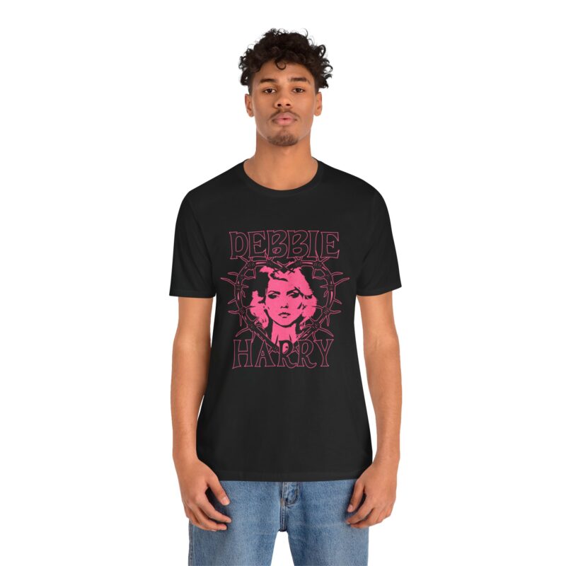 Debbie Harry Unisex Jersey T-Shirt. Blondie Bella and Canva T-Shirt. Debbie Harry Pink Thorned Heart Illustration Tee. - Image 3