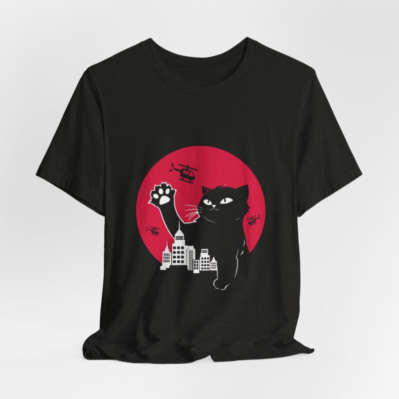 Cute Catzilla Unisex Jersey Short Sleeve Tee. Cat Attacking Helicopters and City Skyline. Gift for cat lovers.