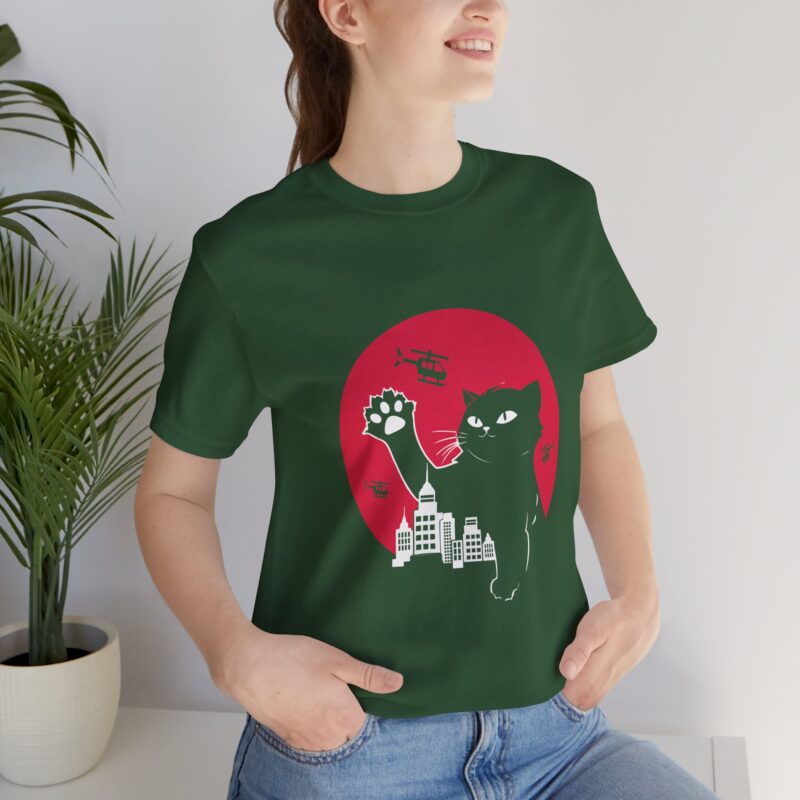 Cute Catzilla Unisex Jersey Short Sleeve Tee. Cat Attacking Helicopters and City Skyline. Gift for cat lovers. - Image 4