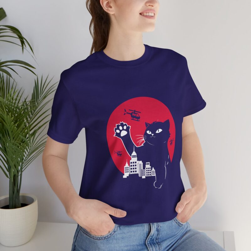 Cute Catzilla Unisex Jersey Short Sleeve Tee. Cat Attacking Helicopters and City Skyline. Gift for cat lovers. - Image 6