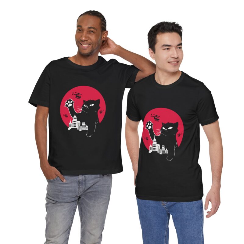 Cute Catzilla Unisex Jersey Short Sleeve Tee. Cat Attacking Helicopters and City Skyline. Gift for cat lovers. - Image 9