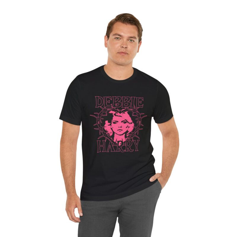 Debbie Harry Unisex Jersey T-Shirt. Blondie Bella and Canva T-Shirt. Debbie Harry Pink Thorned Heart Illustration Tee. - Image 7