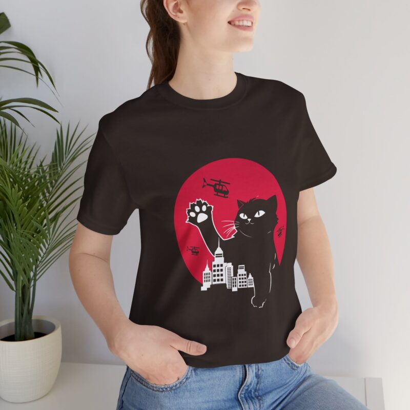 Cute Catzilla Unisex Jersey Short Sleeve Tee. Cat Attacking Helicopters and City Skyline. Gift for cat lovers. - Image 3