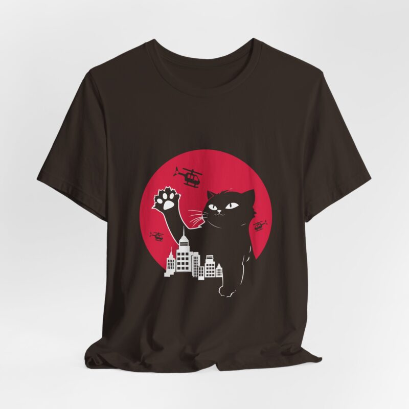 Cute Catzilla Unisex Jersey Short Sleeve Tee. Cat Attacking Helicopters and City Skyline. Gift for cat lovers. - Image 2
