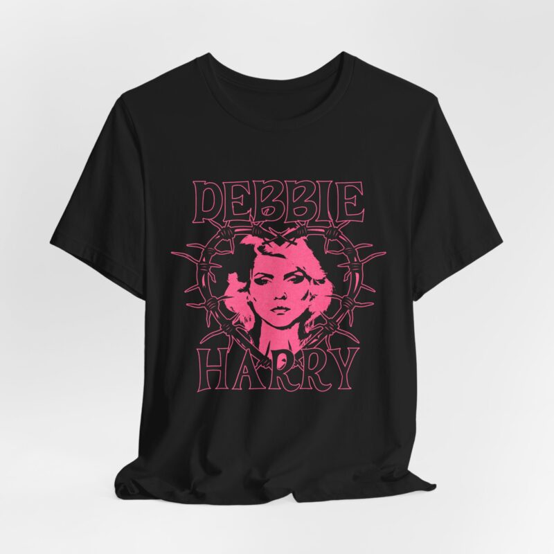 Debbie Harry Unisex Jersey T-Shirt. Blondie Bella and Canva T-Shirt. Debbie Harry Pink Thorned Heart Illustration Tee. - Image 2