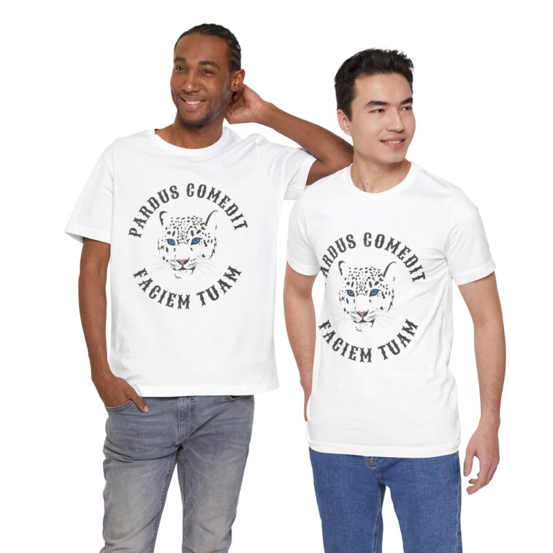 Pardus Comedit Faciem Tuam Short Sleeve Tee, Leopard Tee, Latin Text The leopard has eaten your face t-shirt, Unisex Jersey Shirt, Leopard - Image 2