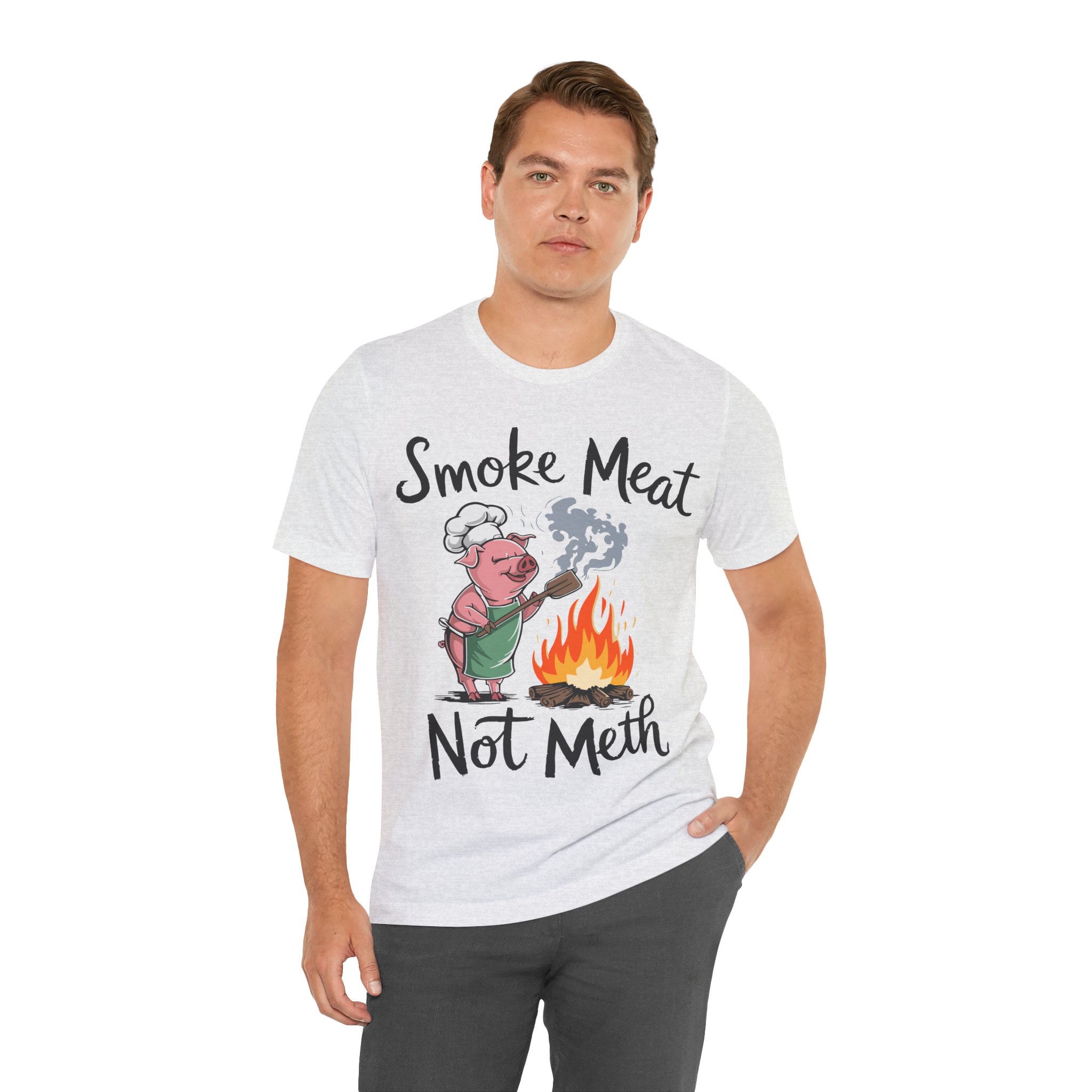 Show off your love for BBQ with this cheeky 'Smoke Meat Not Meth' t-shirt, a must-have for grill masters and foodies who enjoy a good laugh at summer parties.